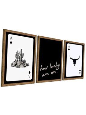 Western Wall Art Set Of 3 With Framed Prints & "How Lucky Are We" Text 12"x16"